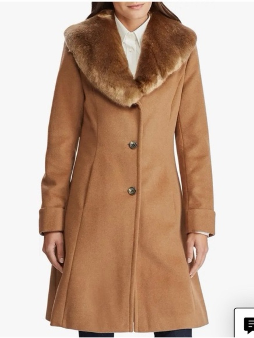 Ralph Lauren Camel Wool Trench Coat with Faux Fur Collar